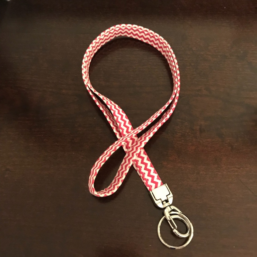 Pink and white chevron fabric lanyard